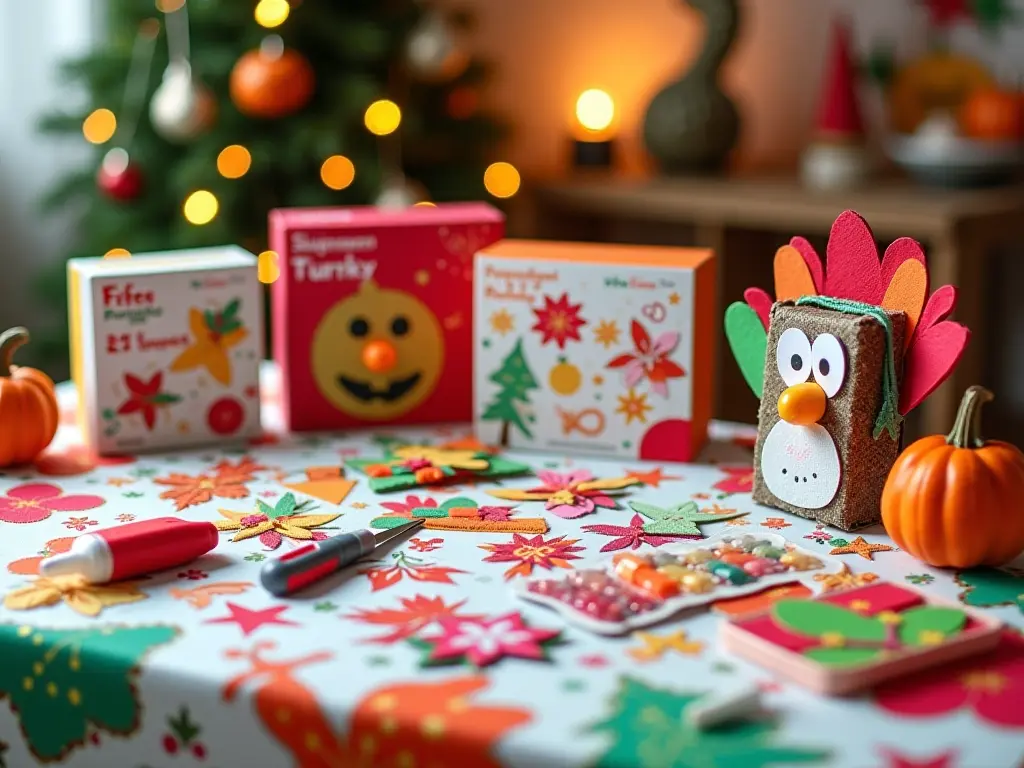 A festive table display with seasonal craft kits, featuring colorful DIY Christmas ornaments, Halloween foam crafts, and turkey-themed decorations.