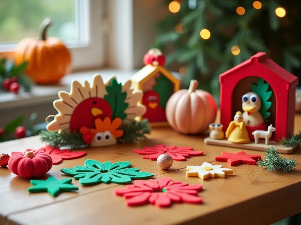 A cheerful display of holiday-themed craft kits, featuring Christmas felt decorations, Thanksgiving turkey crafts, and foam nativity scenes with vibrant materials.