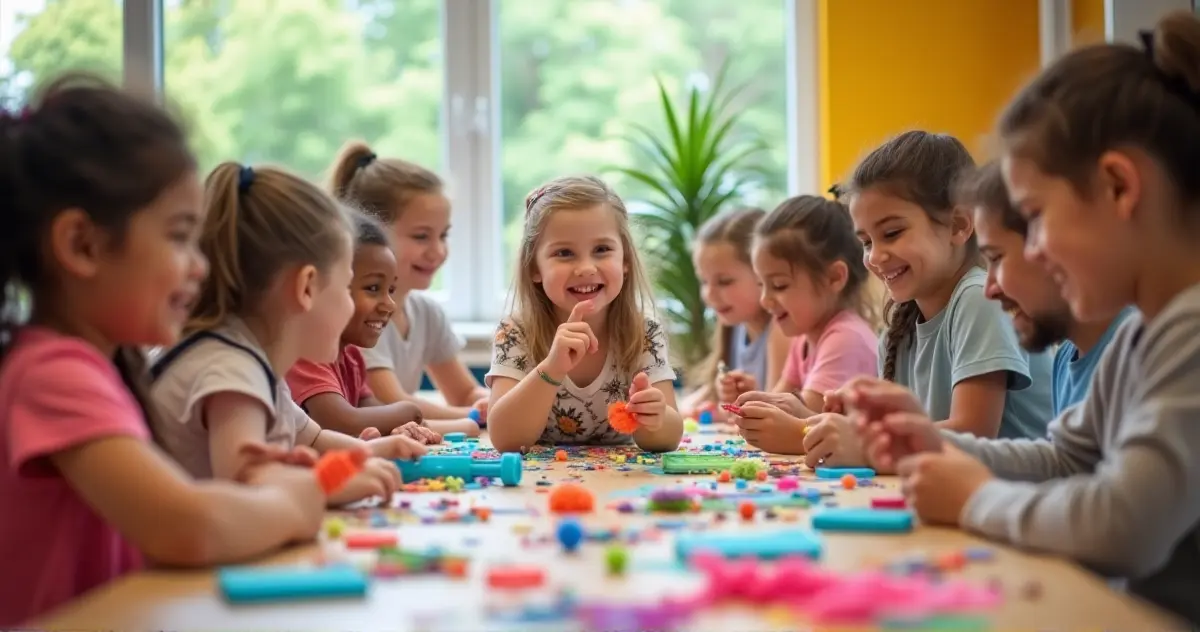 A vibrant scene showcasing a diverse group of people engaging in crafting activities with various colorful craft kits, symbolizing creativity and collaboration.