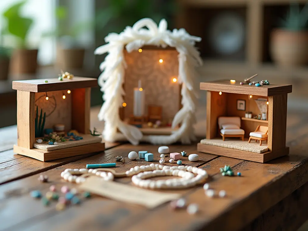 A detailed display of unique niche craft kits, including a dream catcher kit, a miniature diorama kit, and a book nook craft kit, each with their materials arranged neatly.